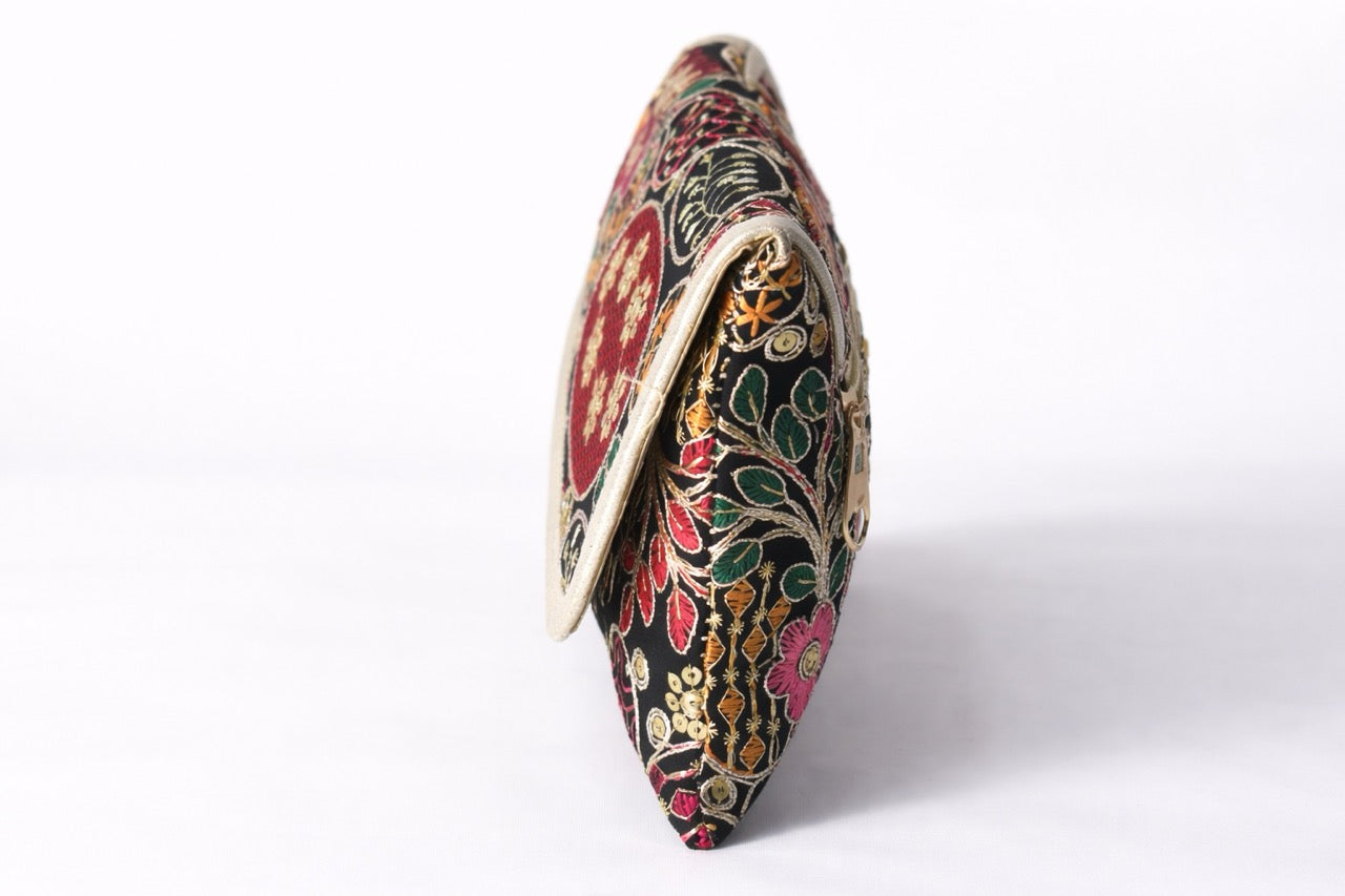 KarryQ Women Black Multicolor Embroidered Hand Purse with Golden Chain | Ethnic Floral Designer Sling Clutch Bag | Wedding, Party, Festive & Traditional Occasion Purse for Women & Girls