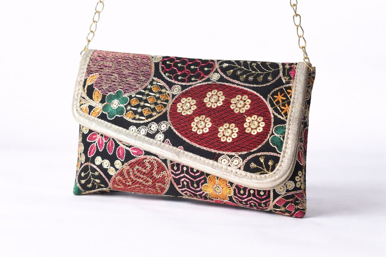 KarryQ Women Black Multicolor Embroidered Hand Purse with Golden Chain | Ethnic Floral Designer Sling Clutch Bag | Wedding, Party, Festive & Traditional Occasion Purse for Women & Girls