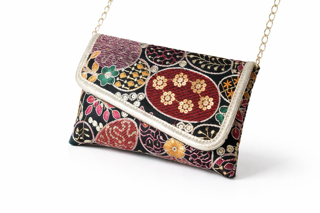 KarryQ Women Black Multicolor Embroidered Hand Purse with Golden Chain | Ethnic Floral Designer Sling Clutch Bag | Wedding, Party, Festive & Traditional Occasion Purse for Women & Girls