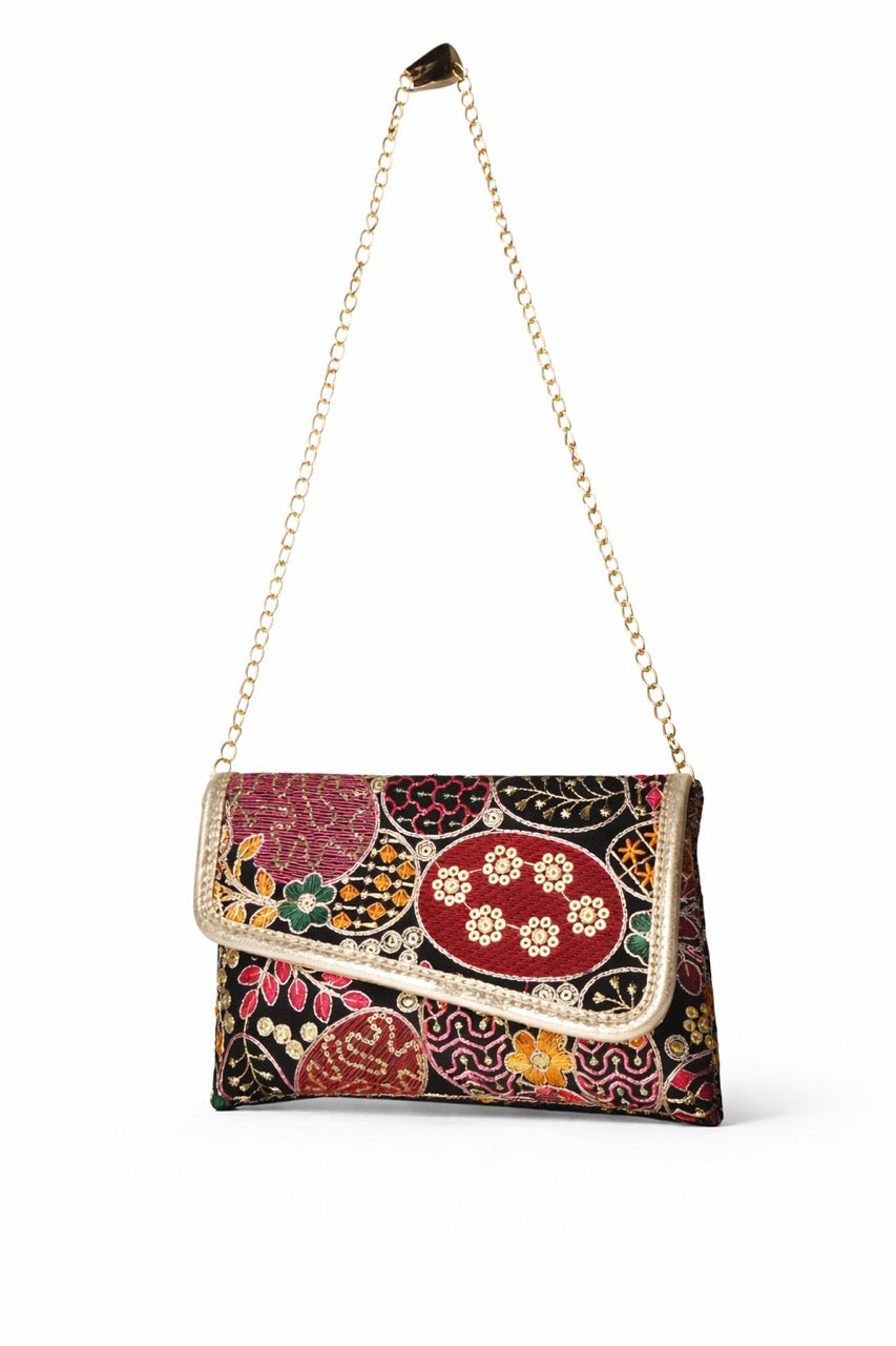KarryQ Women Black Multicolor Embroidered Hand Purse with Golden Chain | Ethnic Floral Designer Sling Clutch Bag | Wedding, Party, Festive & Traditional Occasion Purse for Women & Girls