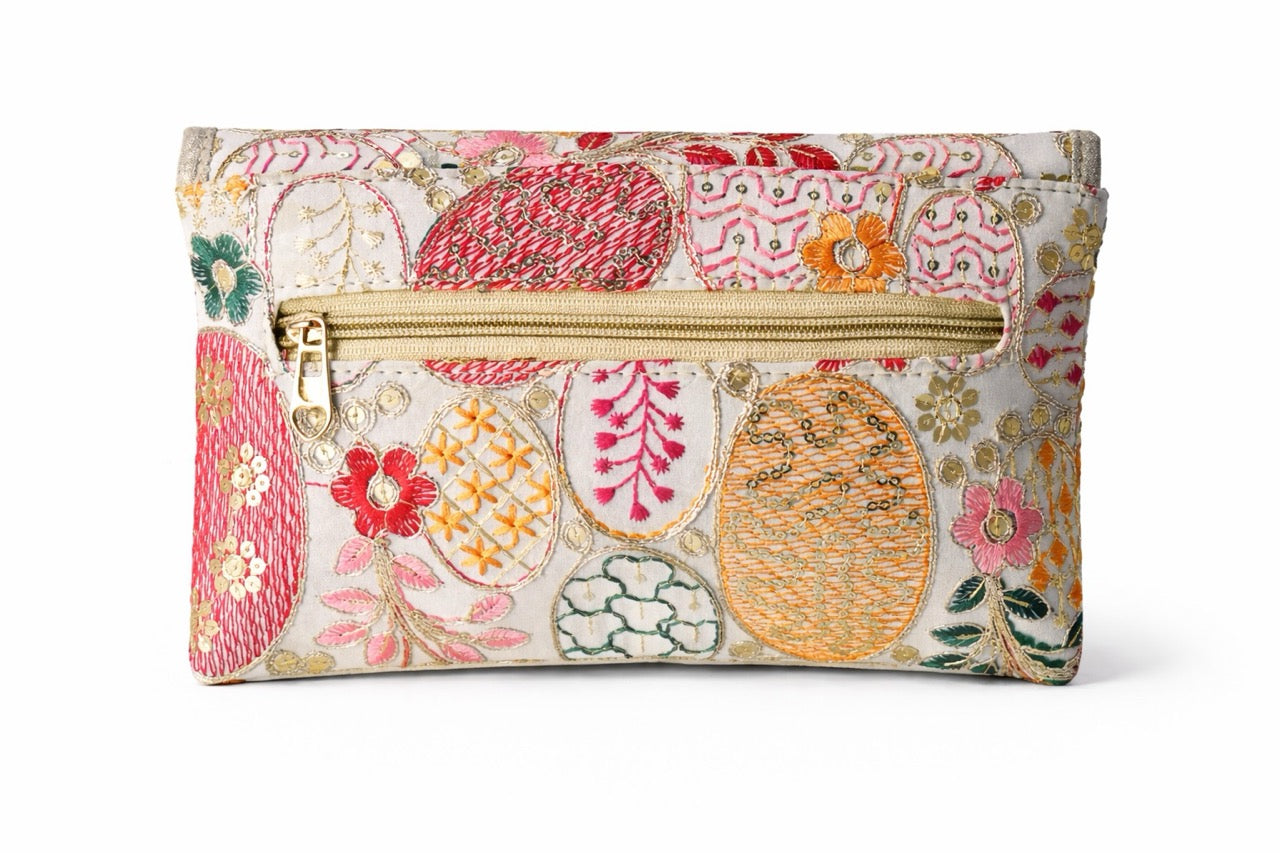 KarryQ Women Ivory Multicolor Embroidered Hand Purse | Floral Ethnic Designer Envelope Clutch Bag with Decorative Lock | Wedding, Party, Festive & Traditional Occasion Purse for Women & Girls