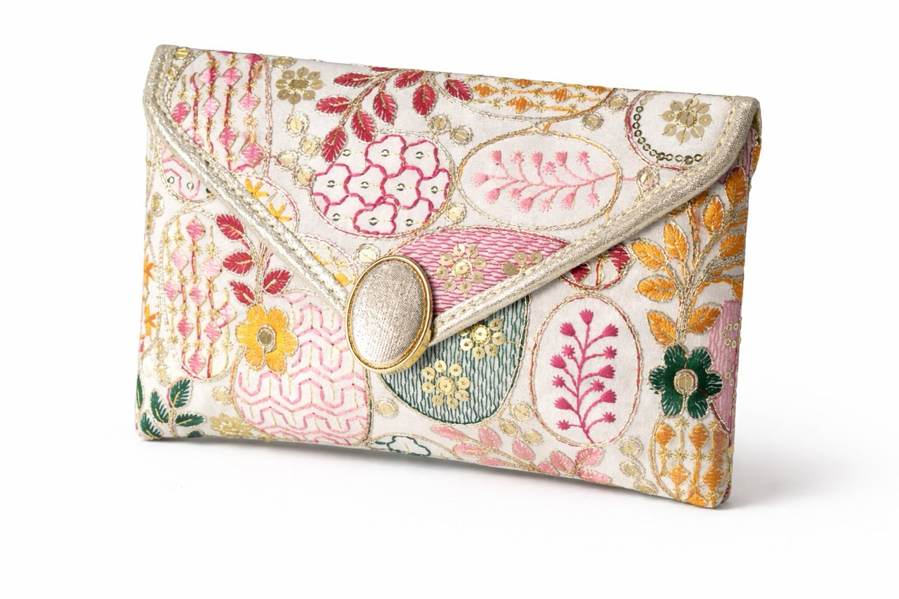 KarryQ Women Ivory Multicolor Embroidered Hand Purse | Floral Ethnic Designer Envelope Clutch Bag with Decorative Lock | Wedding, Party, Festive & Traditional Occasion Purse for Women & Girls