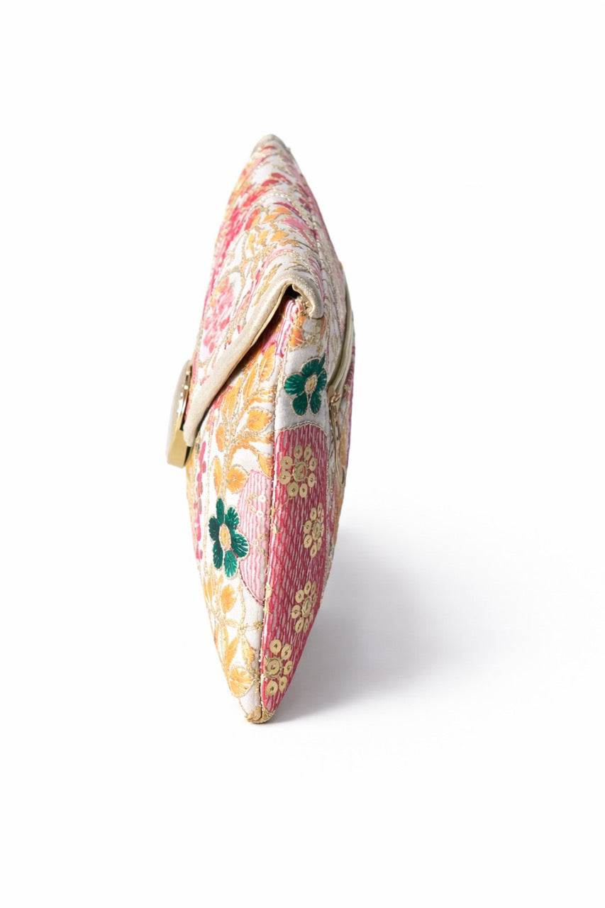 KarryQ Women Ivory Multicolor Embroidered Hand Purse | Floral Ethnic Designer Envelope Clutch Bag with Decorative Lock | Wedding, Party, Festive & Traditional Occasion Purse for Women & Girls