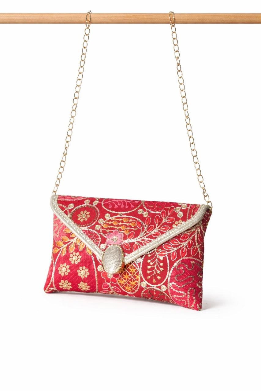 KarryQ Women Red Embroidered Hand Purse | Ethnic Floral Designer Envelope Clutch Bag with Decorative Lock | Wedding, Bridal, Party, Festive & Traditional Occasion Purse for Women & Girls
