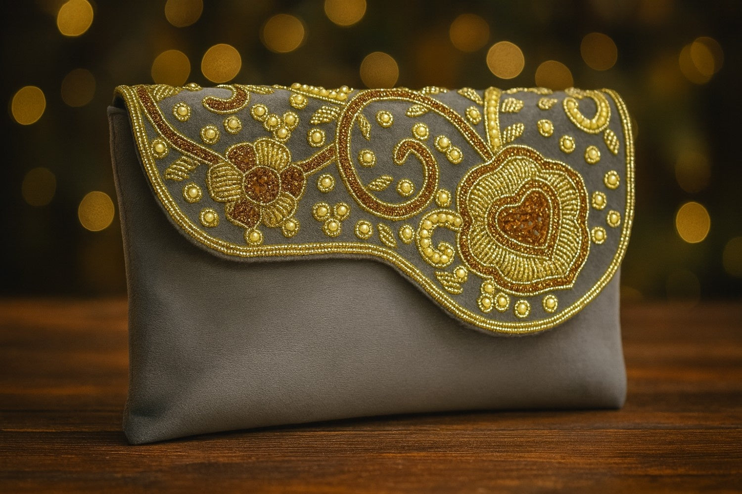 KarryQ Elegant Grey Embroidered Clutch for Women | Premium Ethnic Wedding, Festive & Party Handbag