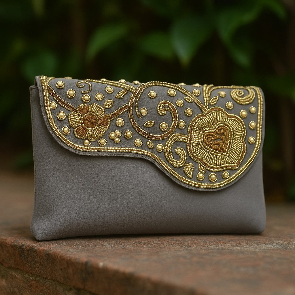 KarryQ Elegant Grey Embroidered Clutch