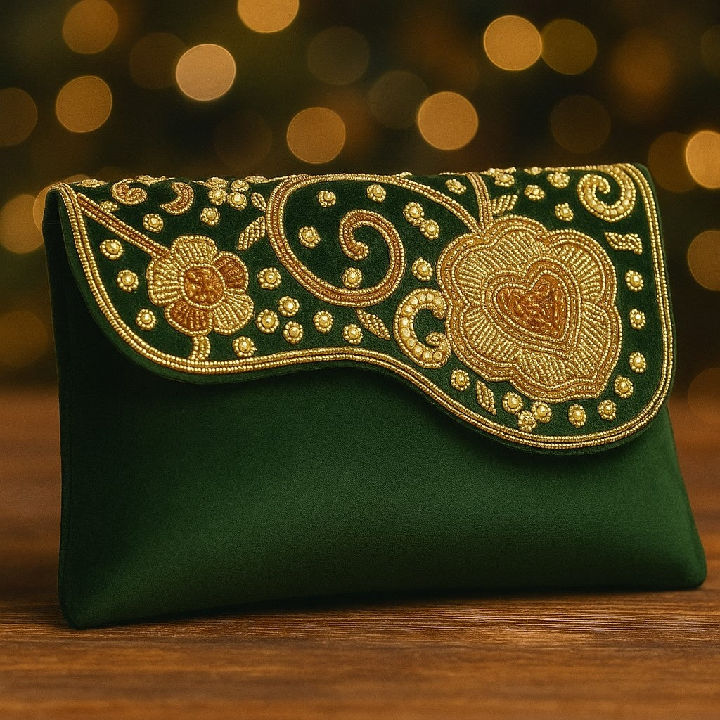 KarryQ Royal Emerald Green Embroidered Clutch