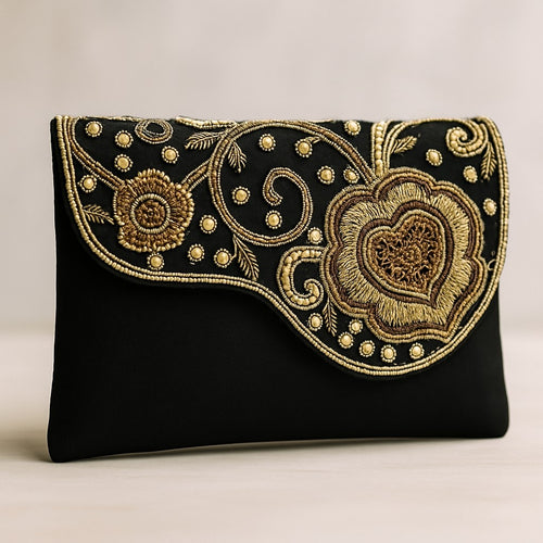 KarryQ Royal Black Embroidered Clutch for Women | Premium Ethnic Wedding, Festive & Party Handbag