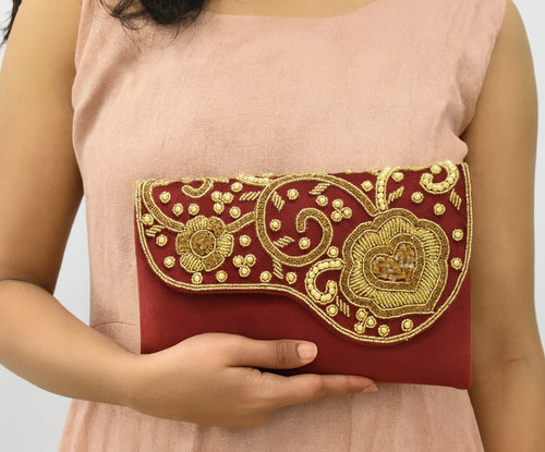 KarryQ Royal Maroon Embroidered Clutch for Women | Premium Ethnic Wedding, Festive & Party Handbag