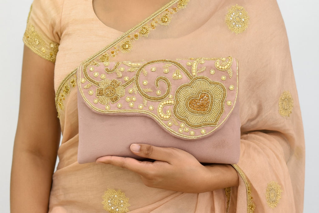KarryQ Blush Rose Embroidered Clutch for Women | Premium Ethnic Wedding, Festive & Party Handbag