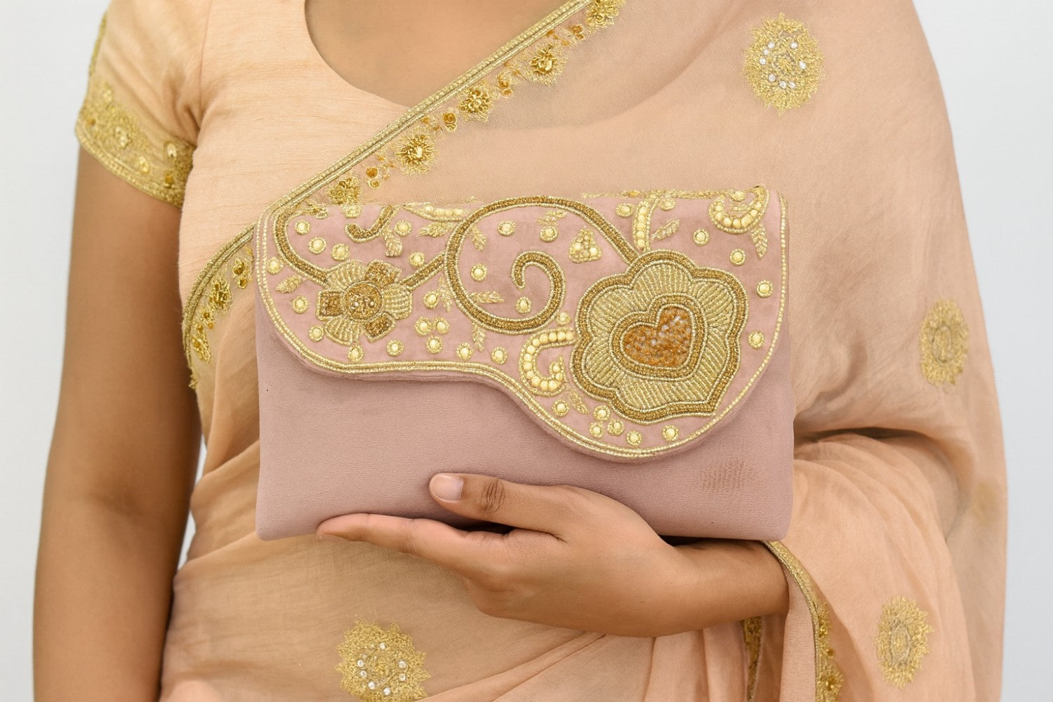 KarryQ Blush Rose Embroidered Clutch for Women | Premium Ethnic Wedding, Festive & Party Handbag