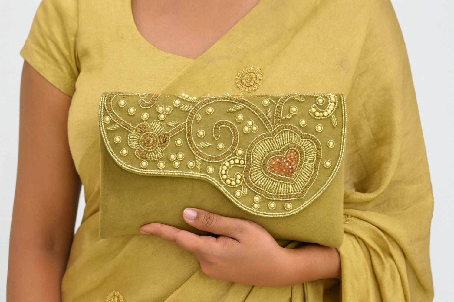 KarryQ Luxe Champagne Gold Embroidered Clutch for Women | Premium Ethnic Wedding, Festive & Party Handbag