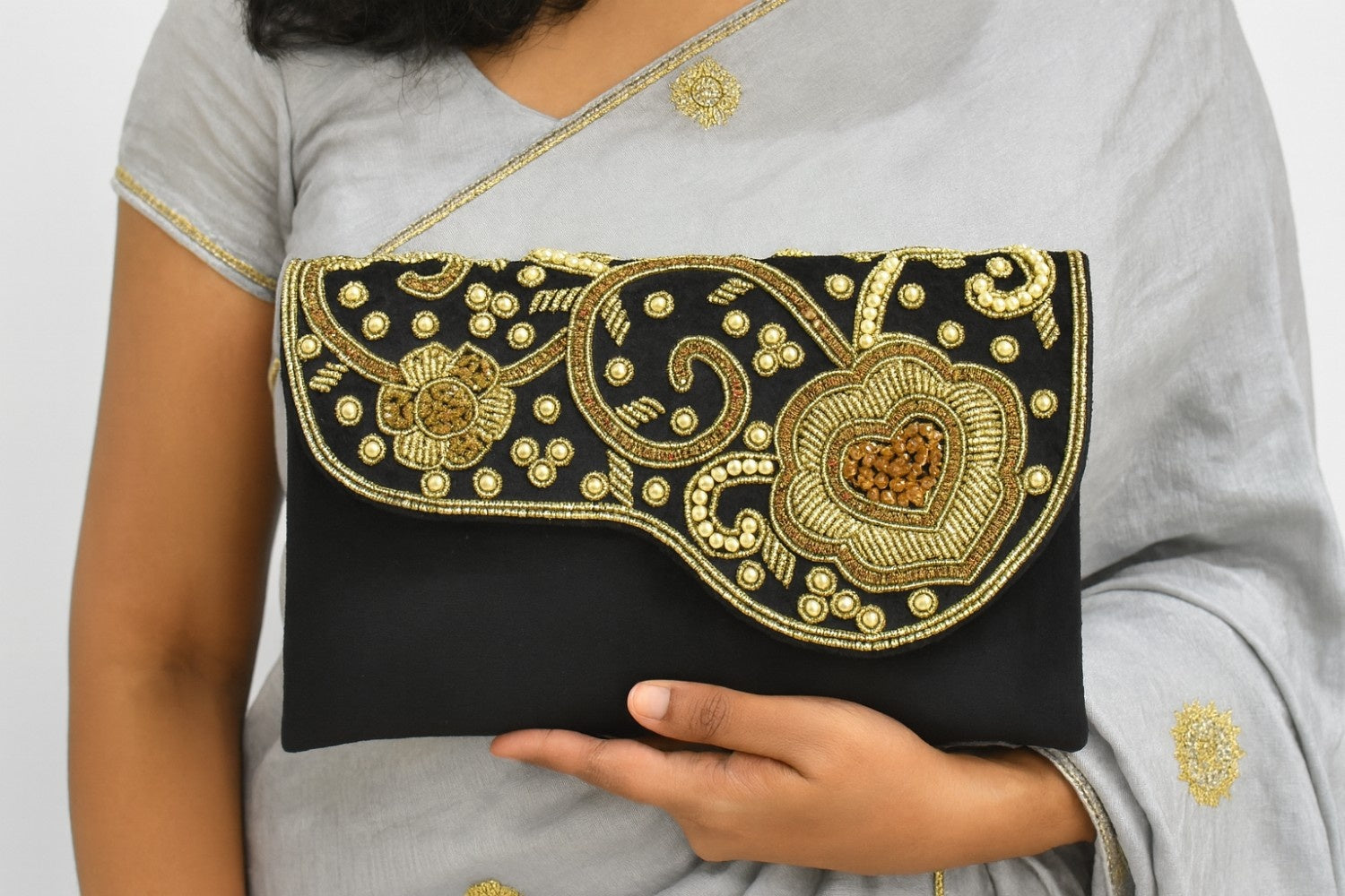 KarryQ Royal Black Embroidered Clutch for Women | Premium Ethnic Wedding, Festive & Party Handbag