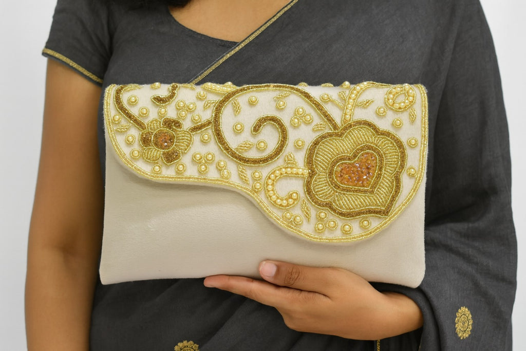 KarryQ Pearl Ivory Embroidered Clutch for Women | Premium Ethnic Wedding, Festive & Party Handbag