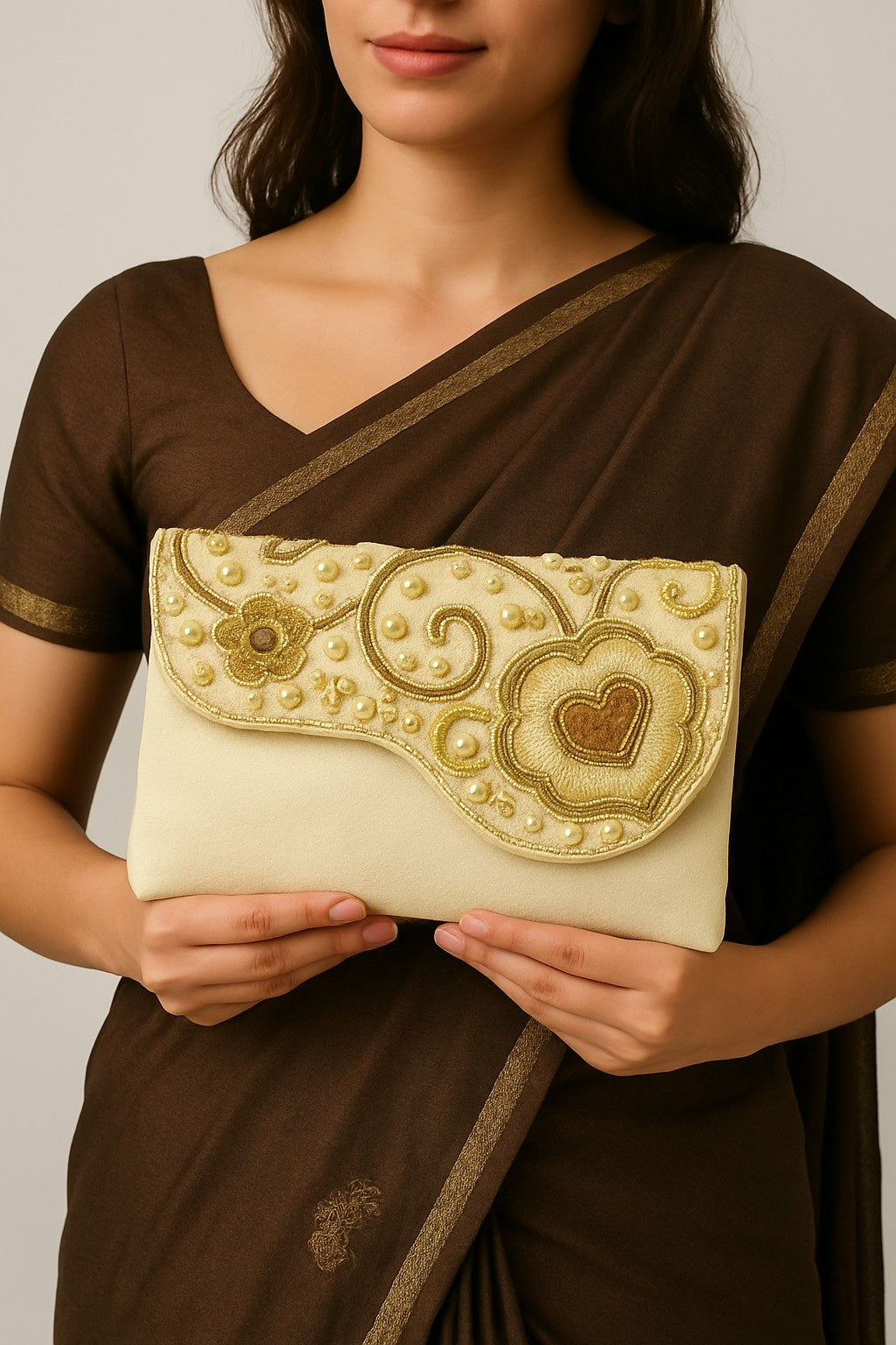 KarryQ Pearl Ivory Embroidered Clutch for Women | Premium Ethnic Wedding, Festive & Party Handbag