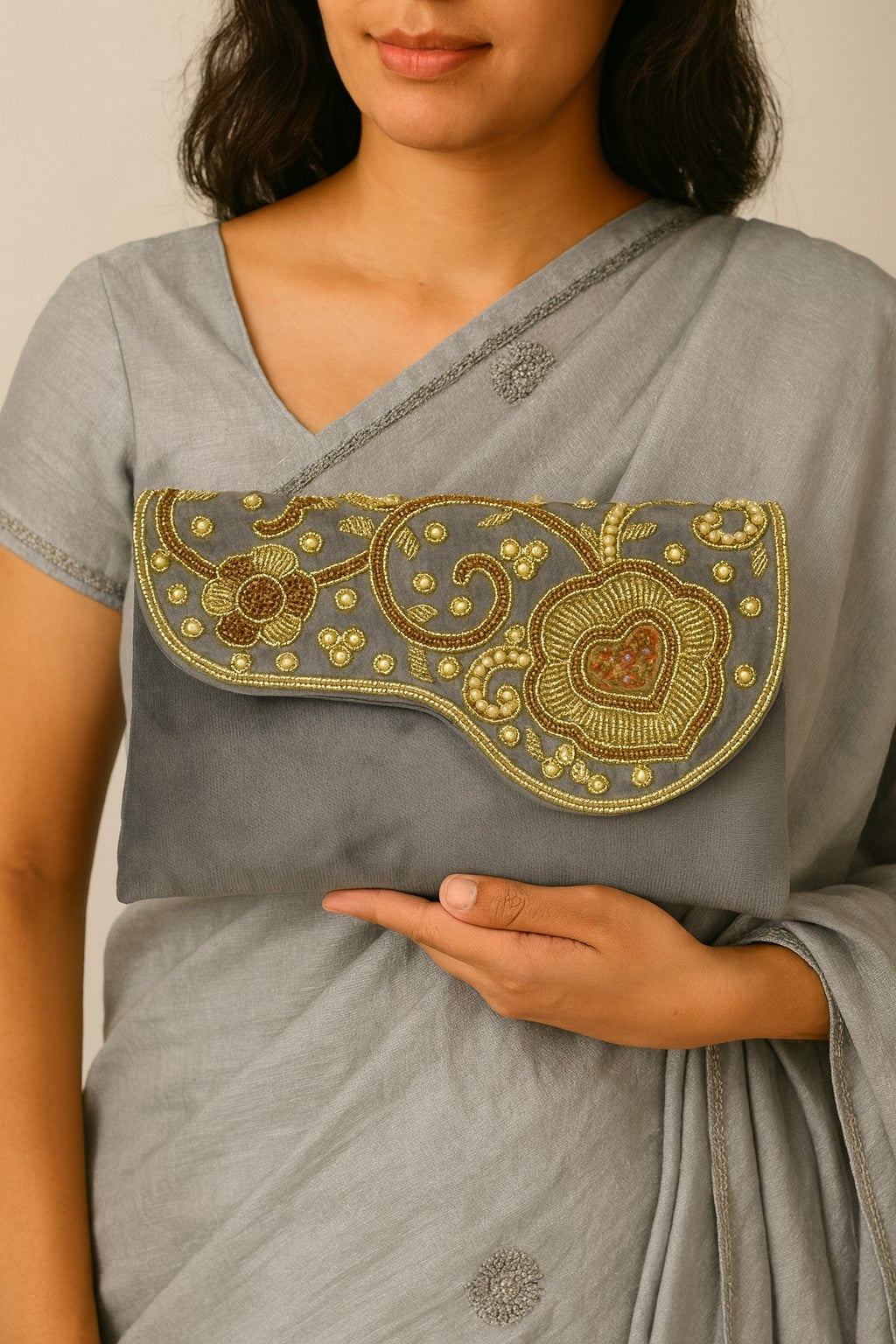 KarryQ Elegant Grey Embroidered Clutch for Women | Premium Ethnic Wedding, Festive & Party Handbag