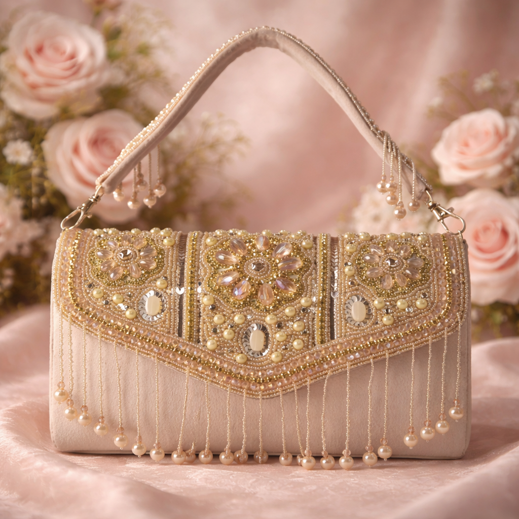 KarryQ Pearl Embellished Bridal Handbag for Women | Designer Beige Wedding Purse with Beads & Stones | Ethnic Party Shoulder Bag