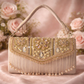 KarryQ Pearl Embellished Bridal Handbag for Women | Designer Beige Wedding Purse with Beads & Stones | Ethnic Party Shoulder Bag
