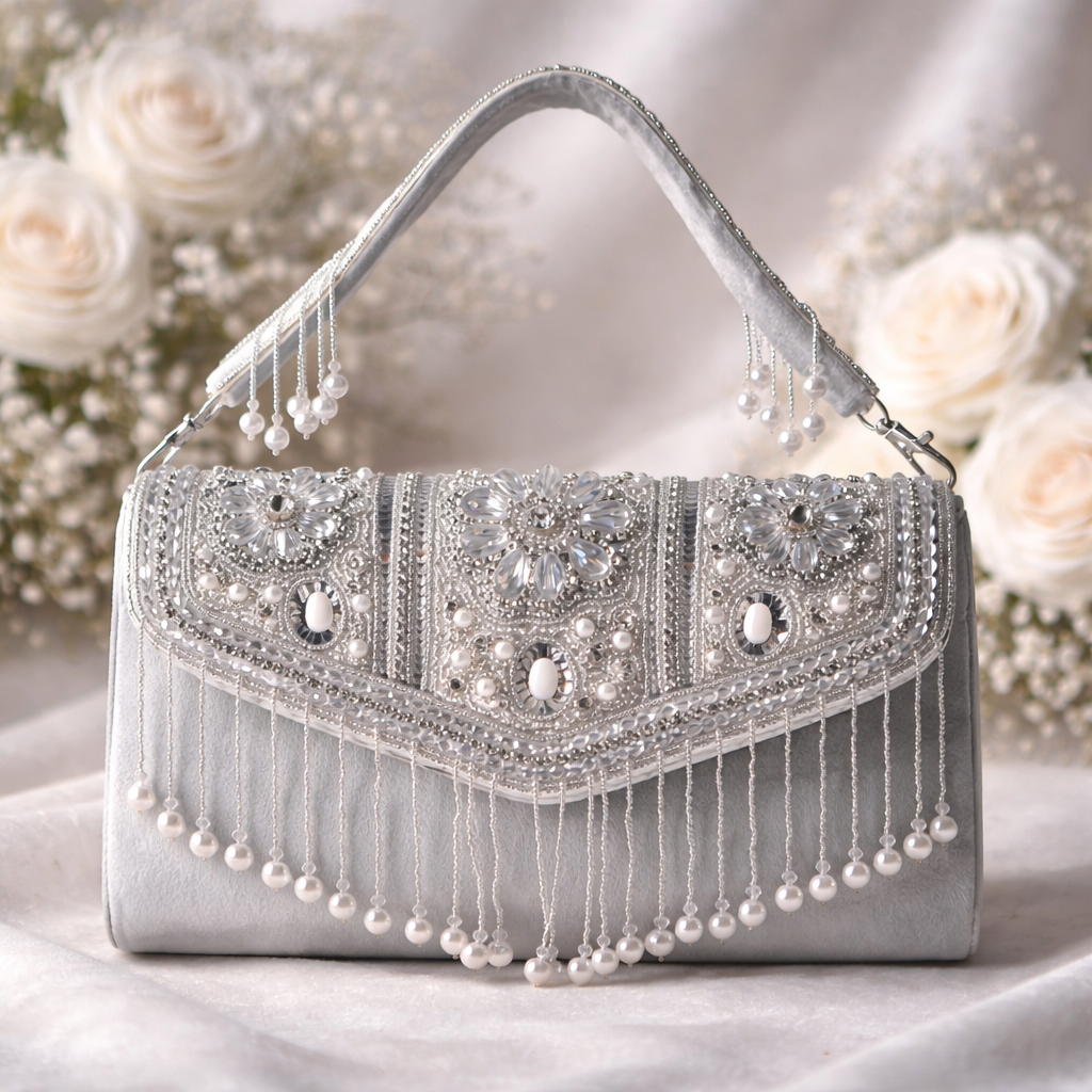 KarryQ Silver Bridal Handbag for Women | Pearl & Crystal Embellished Designer Wedding Purse | Ethnic Party Shoulder Bag