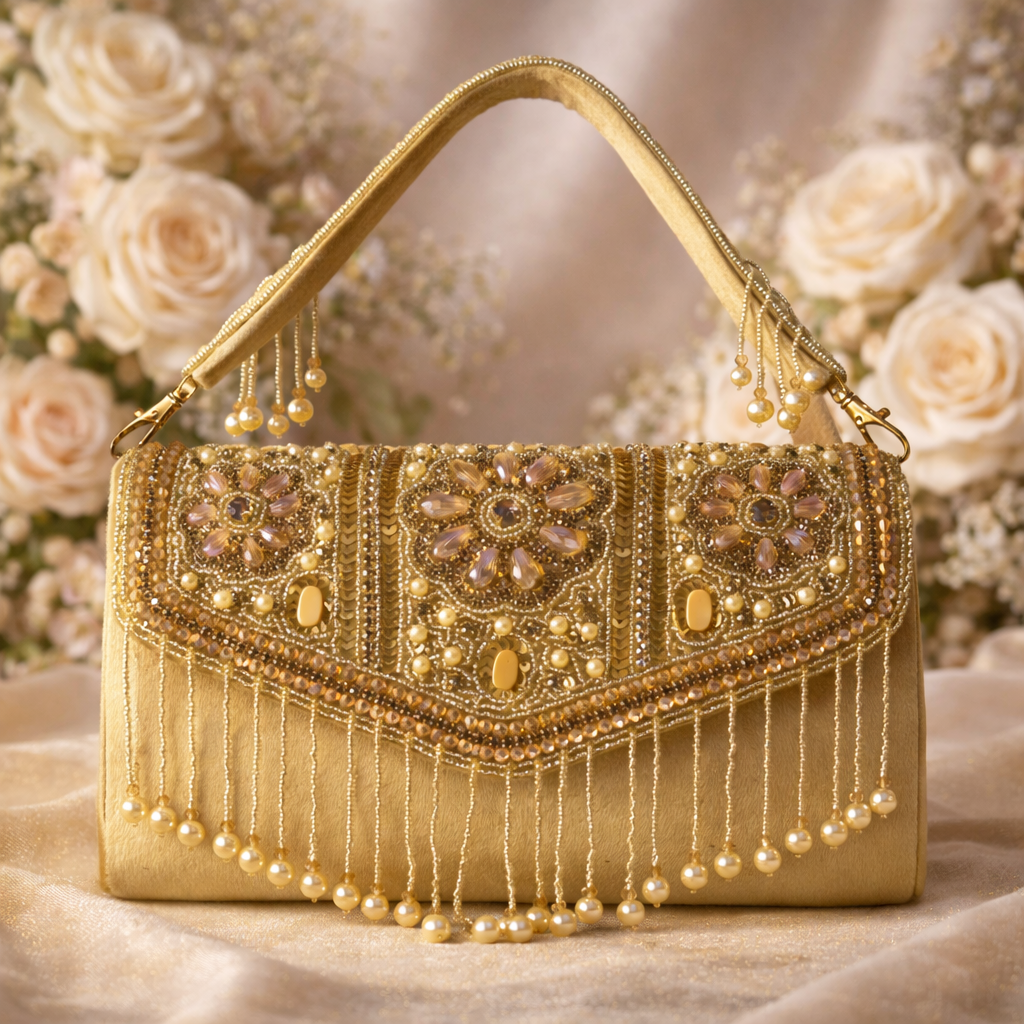 KarryQ Golden Bridal Handbag for Women | Pearl & Crystal Embellished Designer Wedding Clutch | Ethnic Party Purse