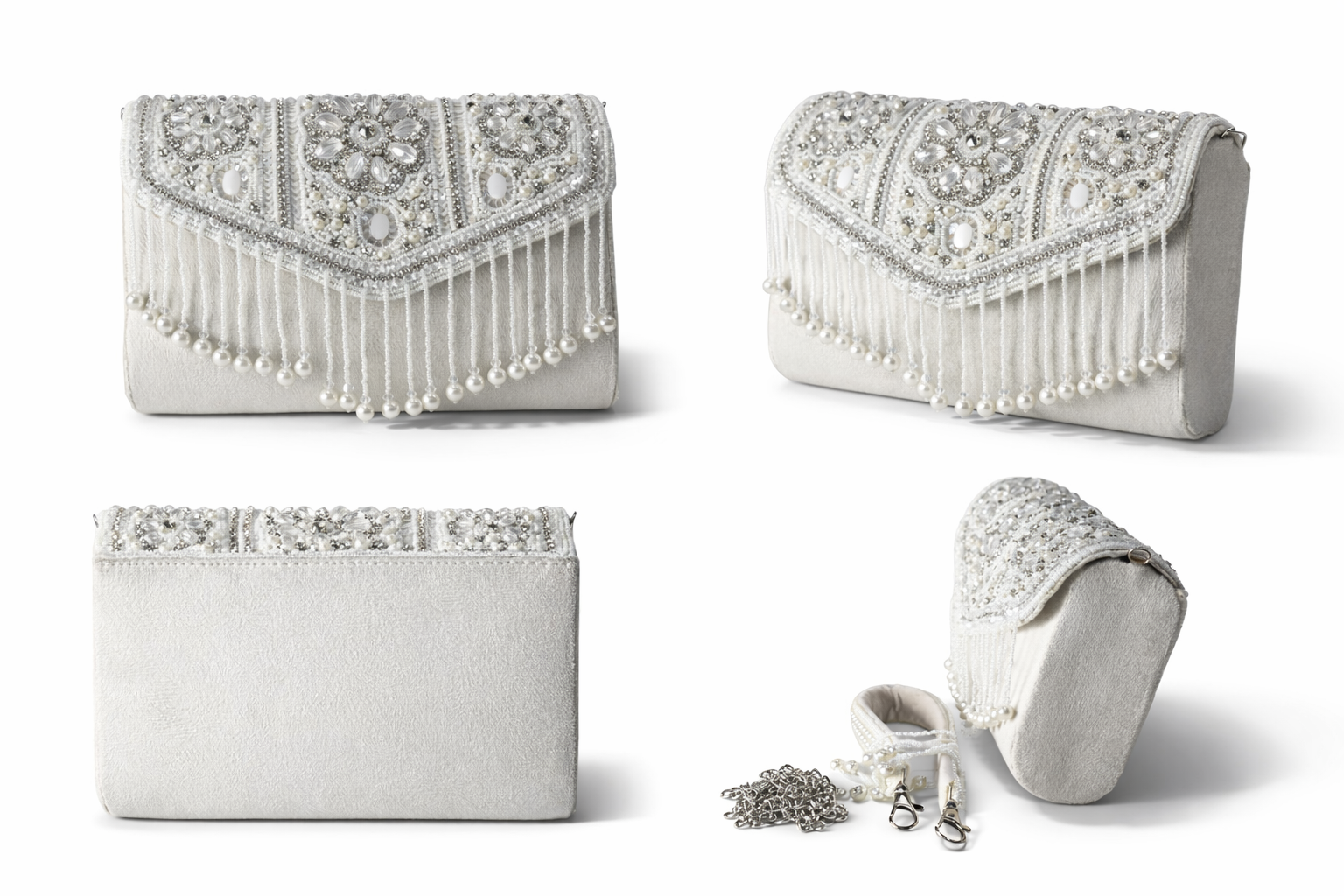 KarryQ Silver Bridal Handbag for Women | Pearl & Crystal Embellished Designer Wedding Purse | Ethnic Party Shoulder Bag