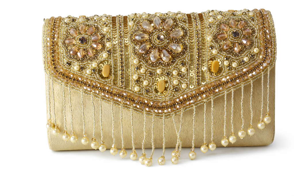 KarryQ Golden Bridal Handbag for Women | Pearl & Crystal Embellished Designer Wedding Clutch | Ethnic Party Purse