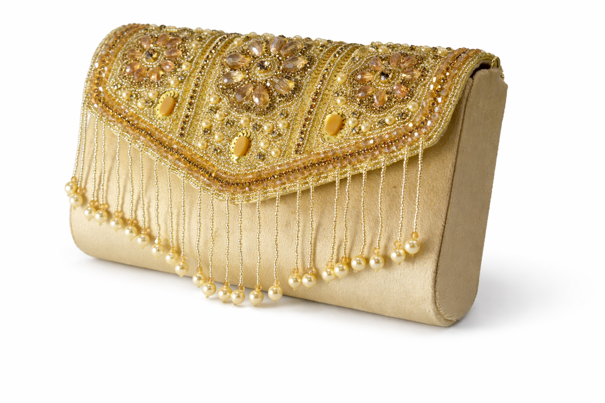 KarryQ Golden Bridal Handbag for Women | Pearl & Crystal Embellished Designer Wedding Clutch | Ethnic Party Purse