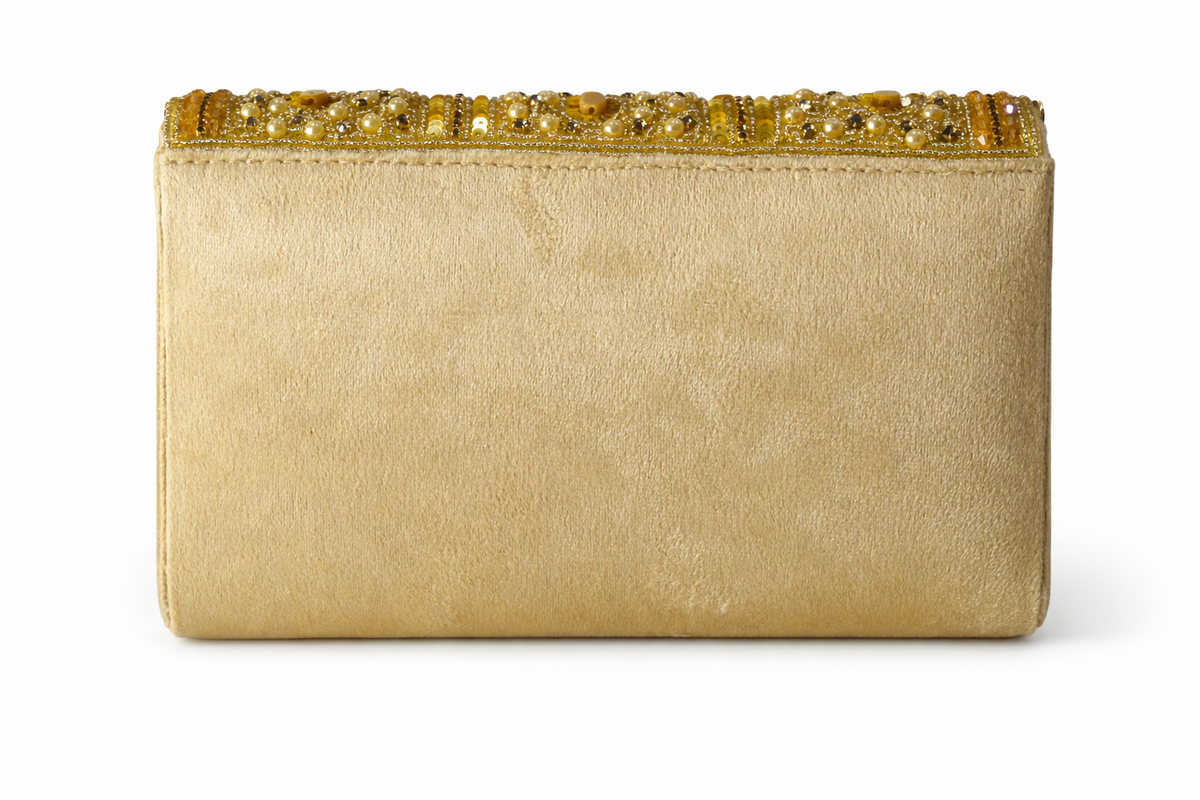 KarryQ Golden Bridal Handbag for Women | Pearl & Crystal Embellished Designer Wedding Clutch | Ethnic Party Purse