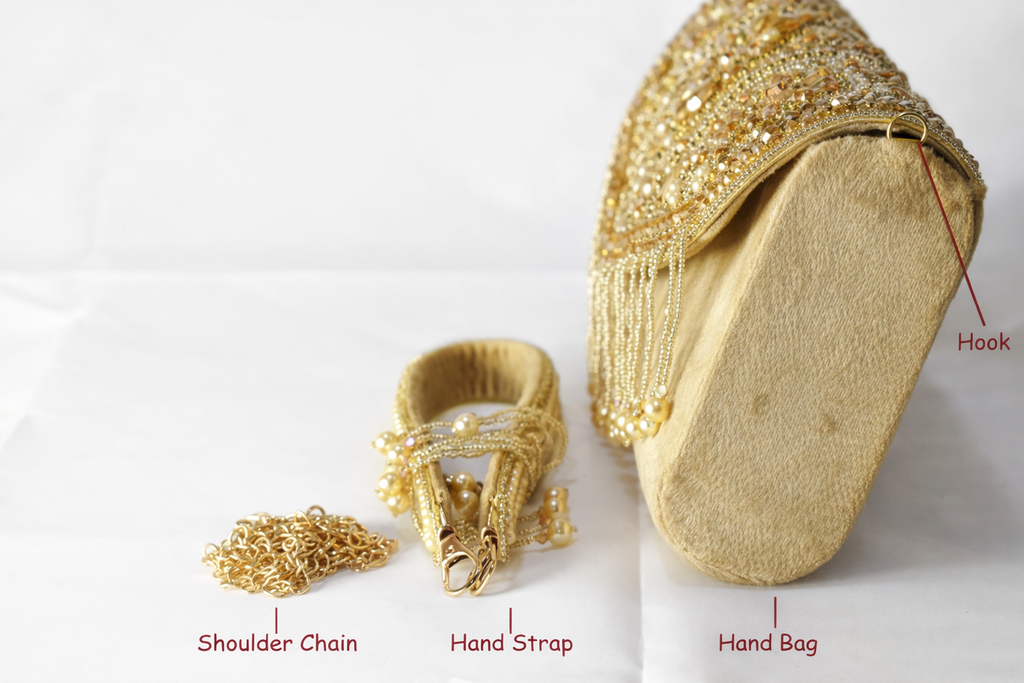 KarryQ Golden Bridal Handbag for Women | Pearl & Crystal Embellished Designer Wedding Clutch | Ethnic Party Purse
