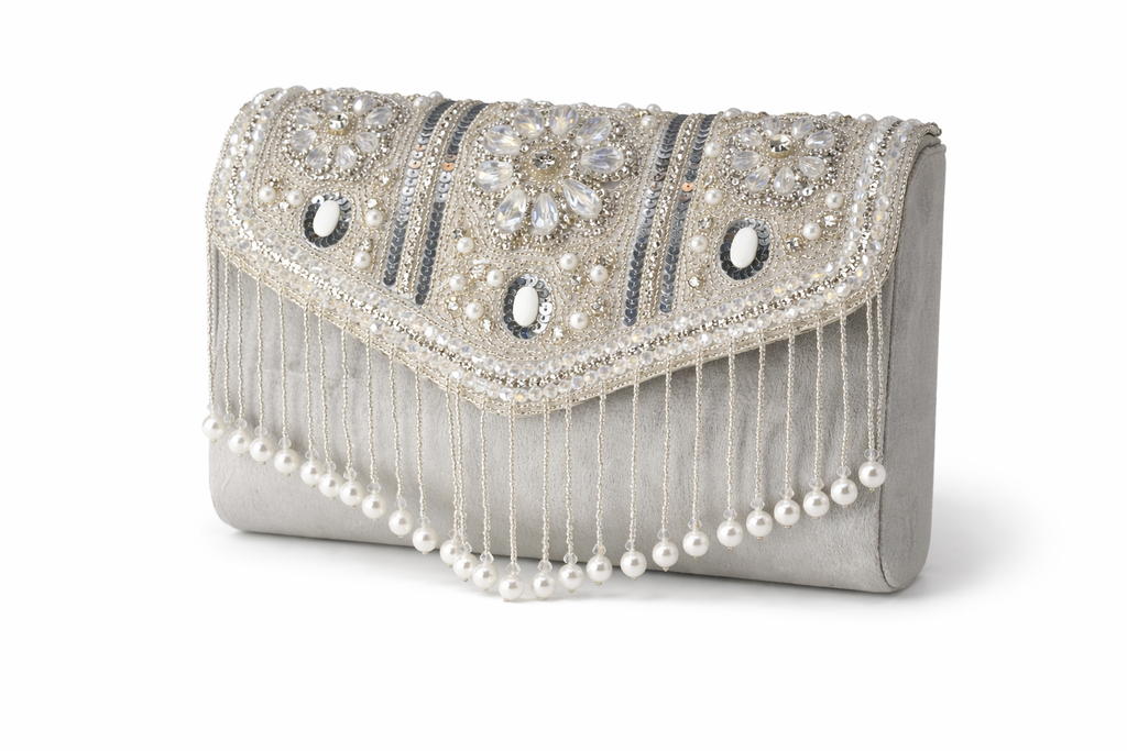 KarryQ Silver Bridal Handbag for Women | Pearl & Crystal Embellished Designer Wedding Purse | Ethnic Party Shoulder Bag