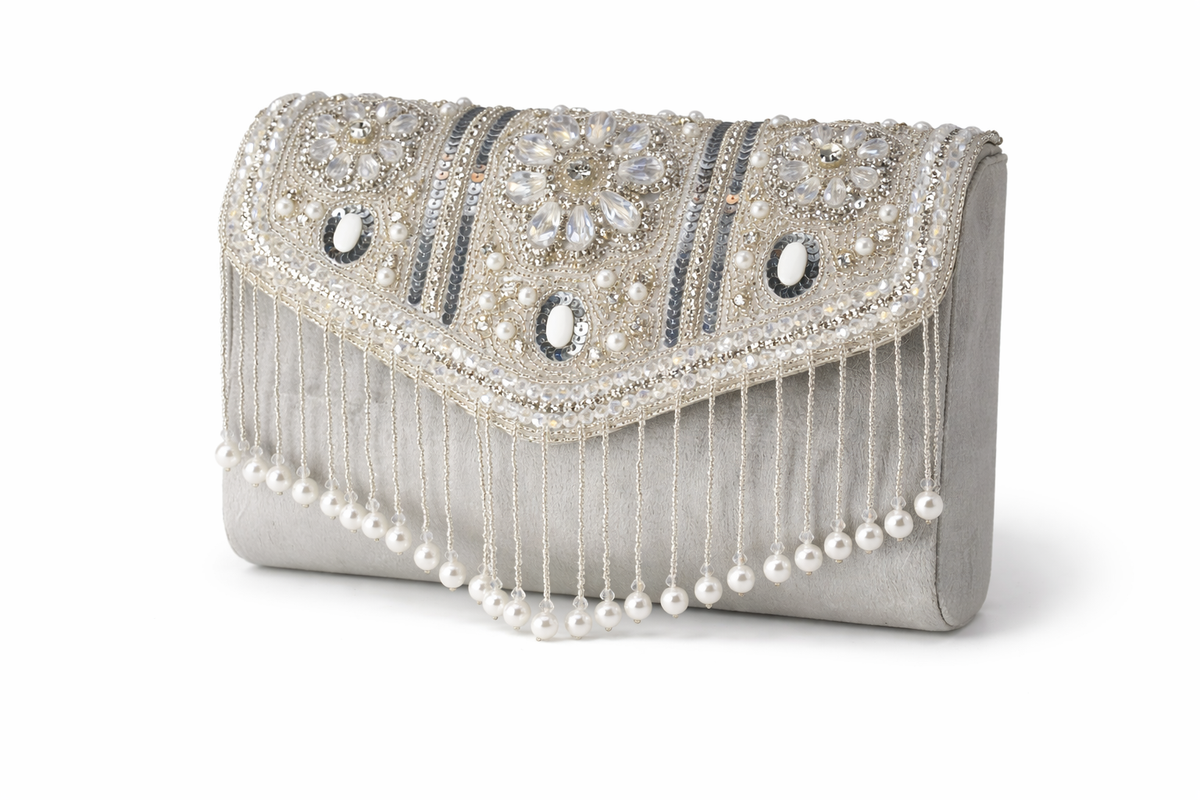KarryQ Silver Bridal Handbag for Women | Pearl & Crystal Embellished Designer Wedding Purse | Ethnic Party Shoulder Bag