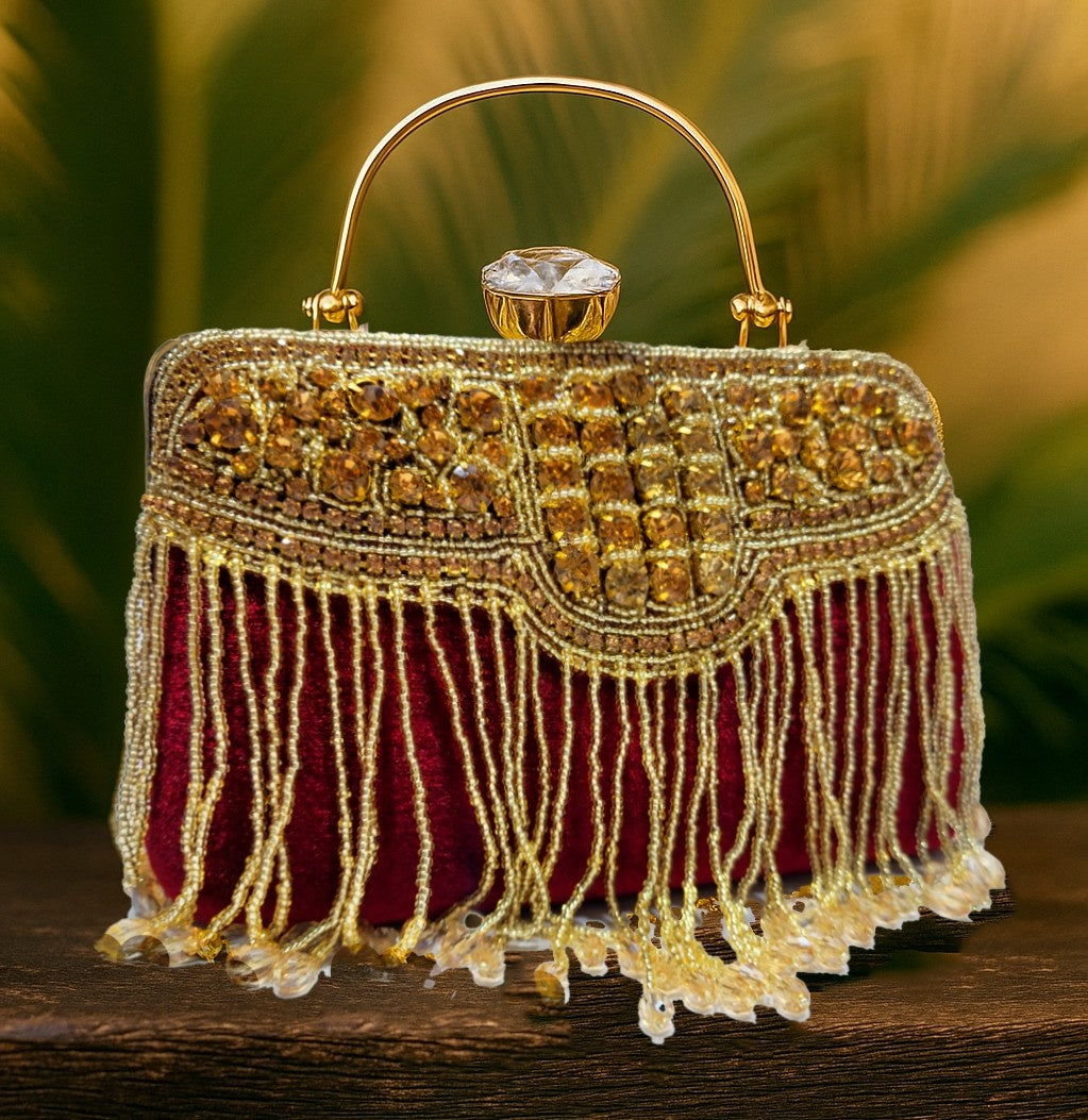 KarryQ Royal Ruby Red Embellished Fringe Clutch for Women | Premium Ethnic Wedding, Festive & Party Handbag