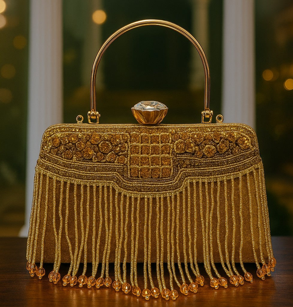 KarryQ Royal Golden Fringe Clutch for Women | Premium Ethnic Wedding, Festive & Party Handbag