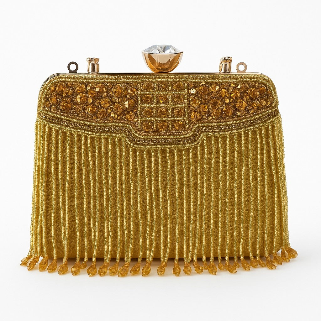 KarryQ Royal Golden Fringe Clutch for Women | Premium Ethnic Wedding, Festive & Party Handbag