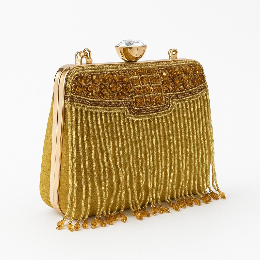 KarryQ Royal Golden Fringe Clutch for Women | Premium Ethnic Wedding, Festive & Party Handbag