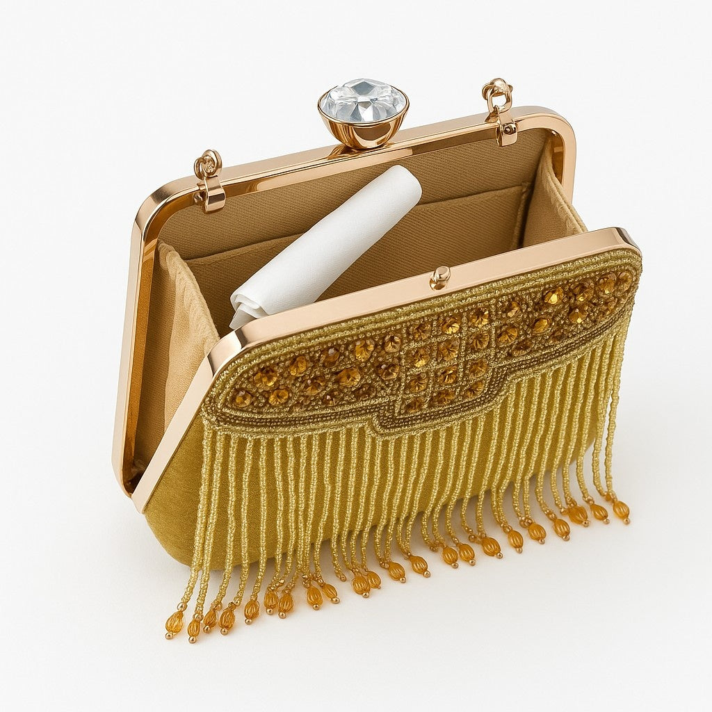 KarryQ Royal Golden Fringe Clutch for Women | Premium Ethnic Wedding, Festive & Party Handbag