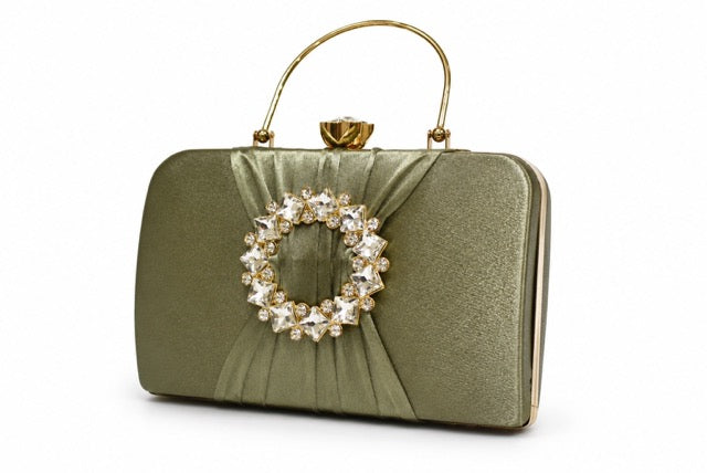 KarryQ Olive Green Crystal Ring Clutch for Women | Premium Party, Wedding & Festive Handbag