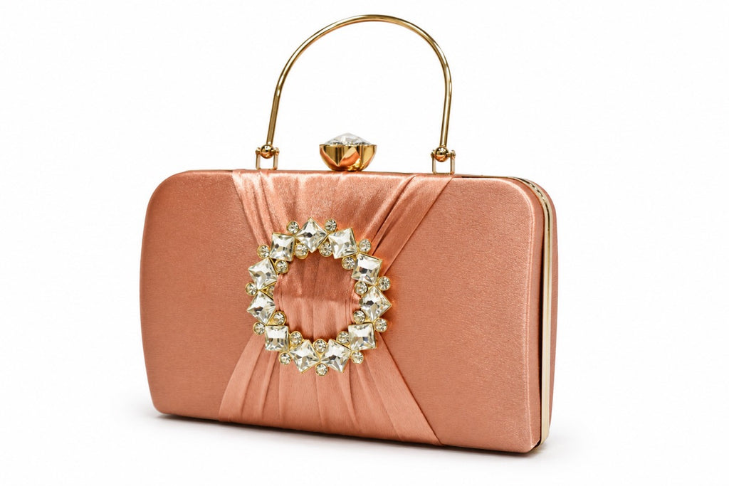 KarryQ Peach Crystal Ring Clutch for Women | Premium Party, Wedding & Festive Handbag