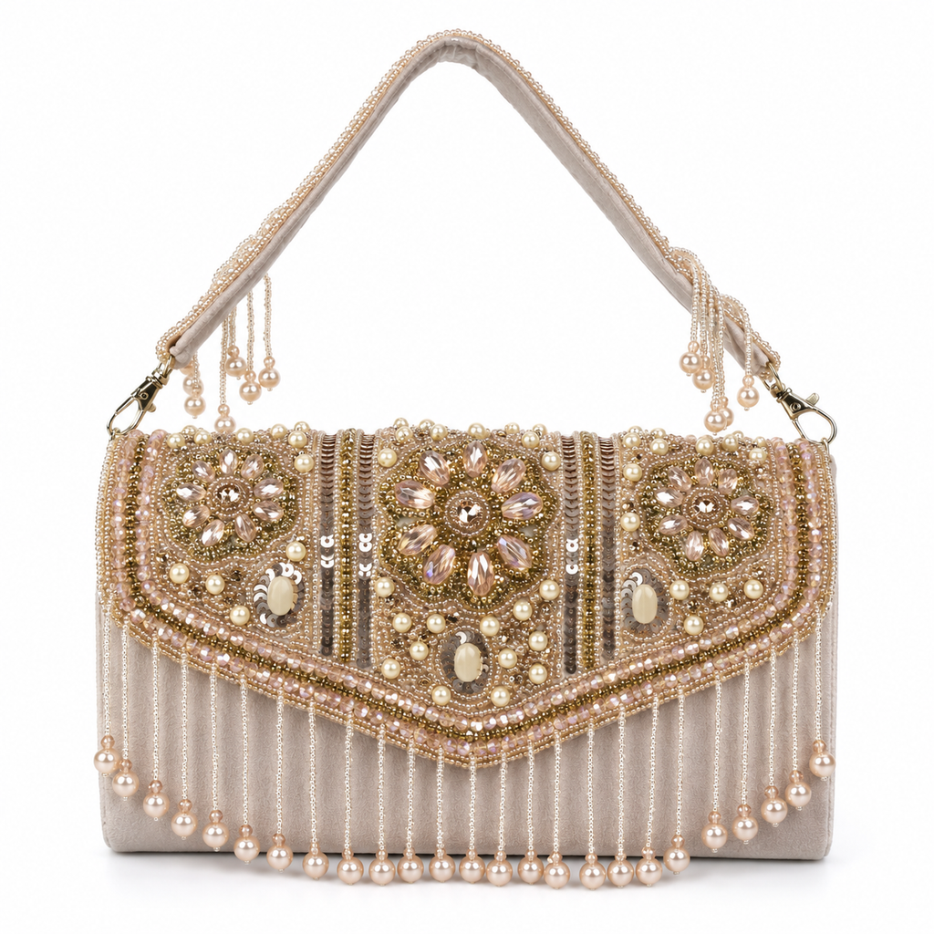 KarryQ Pearl Embellished Bridal Handbag for Women | Designer Beige Wedding Purse with Beads & Stones | Ethnic Party Shoulder Bag