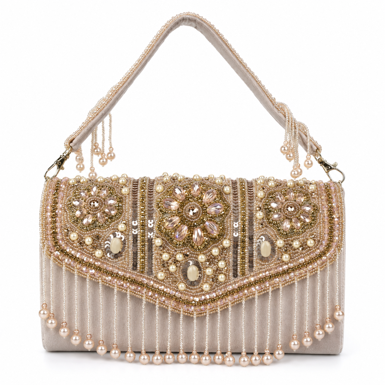 KarryQ Pearl Embellished Bridal Handbag for Women | Designer Beige Wedding Purse with Beads & Stones | Ethnic Party Shoulder Bag