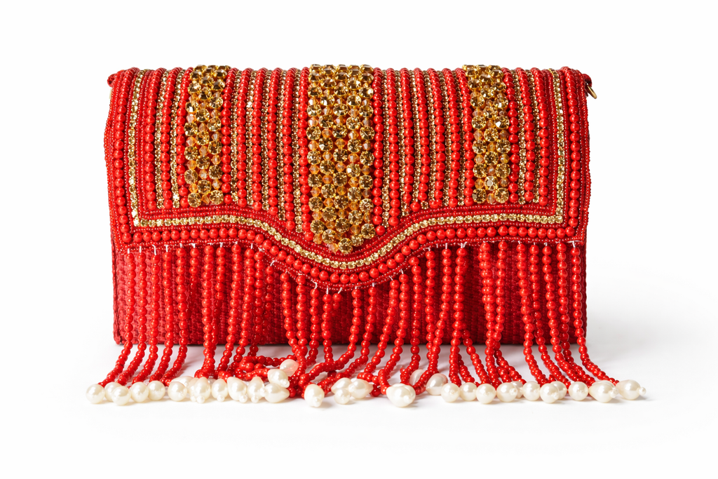 KarryQ Women's Premium Red Beaded Fringe Handbag | Crystal Embellished Party Clutch Purse | Bridal, Wedding, Festive, Cocktail & Ethnic Shoulder Bag with Pearl Tassels