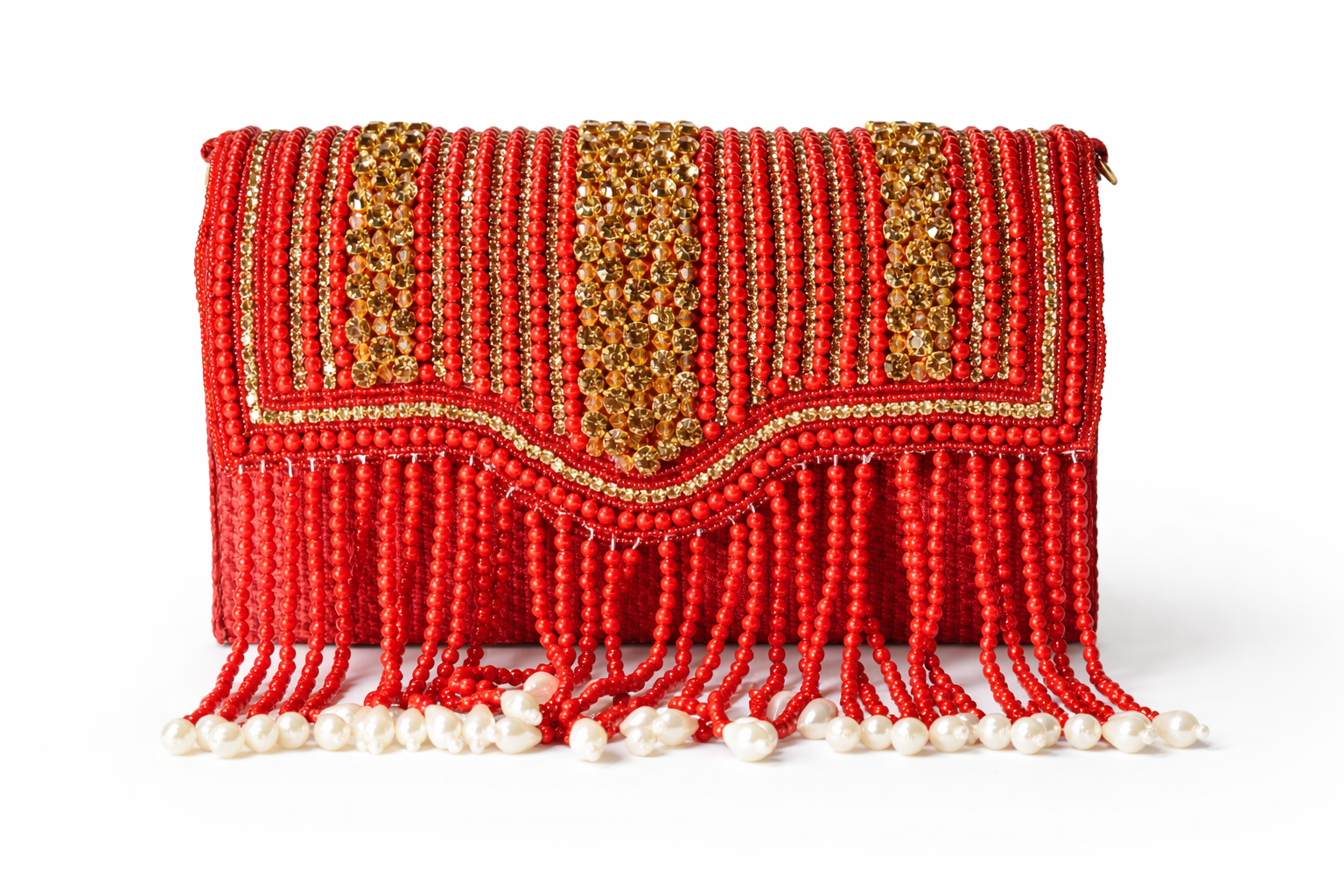 KarryQ Women's Premium Red Beaded Fringe Handbag | Crystal Embellished Party Clutch Purse | Bridal, Wedding, Festive, Cocktail & Ethnic Shoulder Bag with Pearl Tassels
