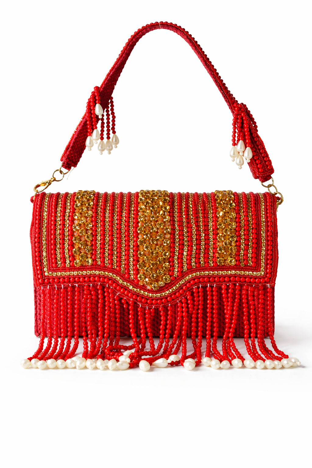 KarryQ Women's Premium Red Beaded Fringe Handbag | Crystal Embellished Party Clutch Purse | Bridal, Wedding, Festive, Cocktail & Ethnic Shoulder Bag with Pearl Tassels