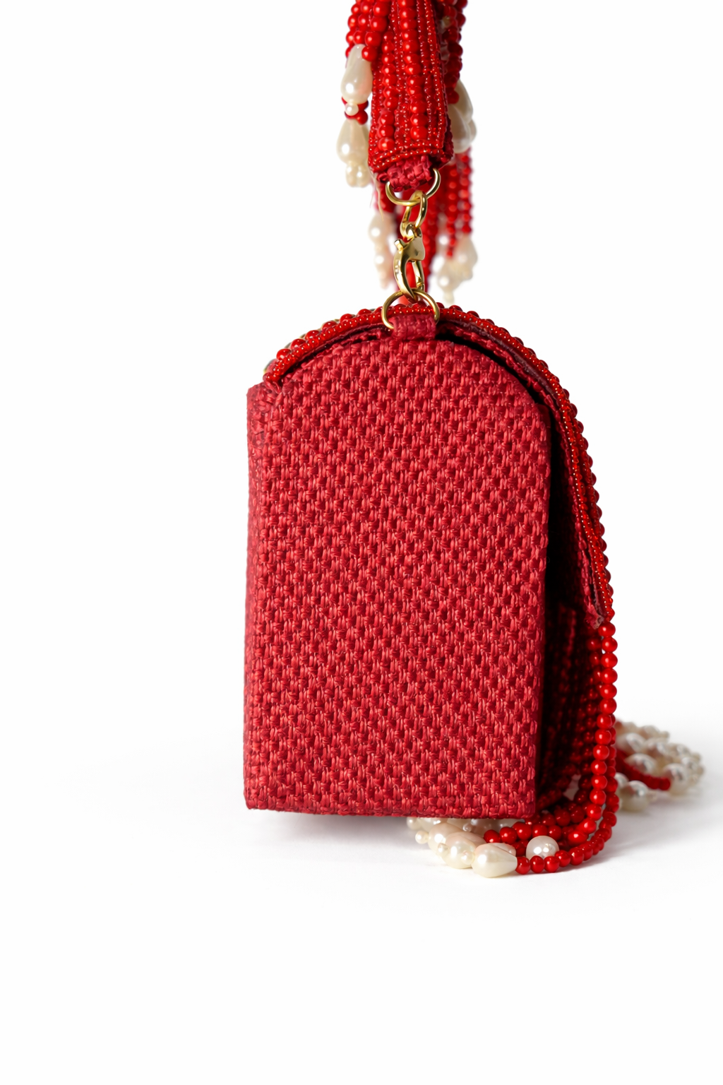 KarryQ Women's Premium Red Beaded Fringe Handbag | Crystal Embellished Party Clutch Purse | Bridal, Wedding, Festive, Cocktail & Ethnic Shoulder Bag with Pearl Tassels