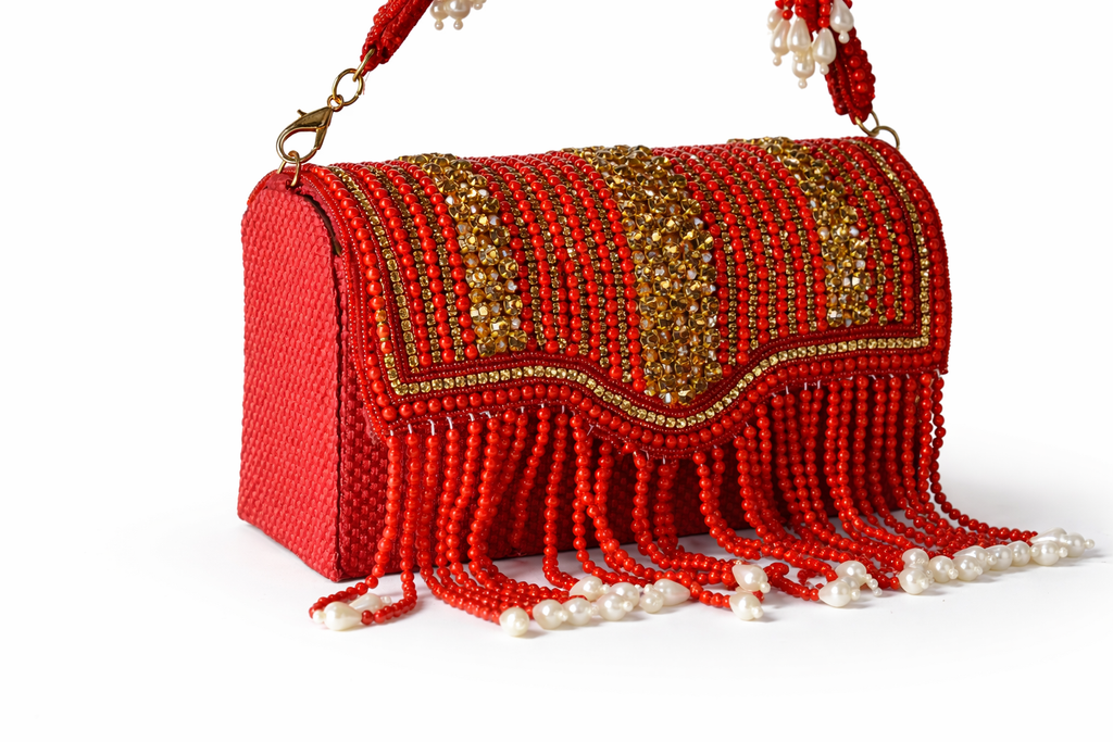 KarryQ Women's Premium Red Beaded Fringe Handbag | Crystal Embellished Party Clutch Purse | Bridal, Wedding, Festive, Cocktail & Ethnic Shoulder Bag with Pearl Tassels