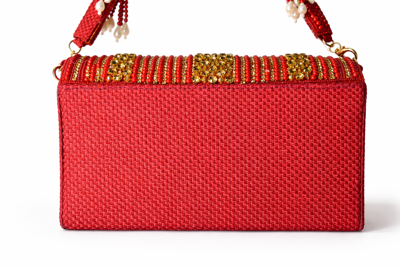 KarryQ Women's Premium Red Beaded Fringe Handbag | Crystal Embellished Party Clutch Purse | Bridal, Wedding, Festive, Cocktail & Ethnic Shoulder Bag with Pearl Tassels