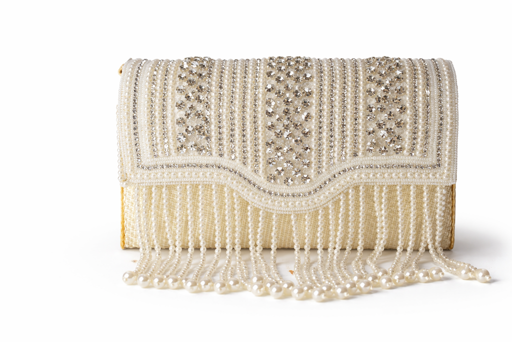 KarryQ Women's Premium Ivory Pearl Beaded Fringe Handbag | Crystal Embellished Party Clutch Purse | Bridal, Wedding, Festive, Cocktail & Ethnic Shoulder Bag with Pearl Handle