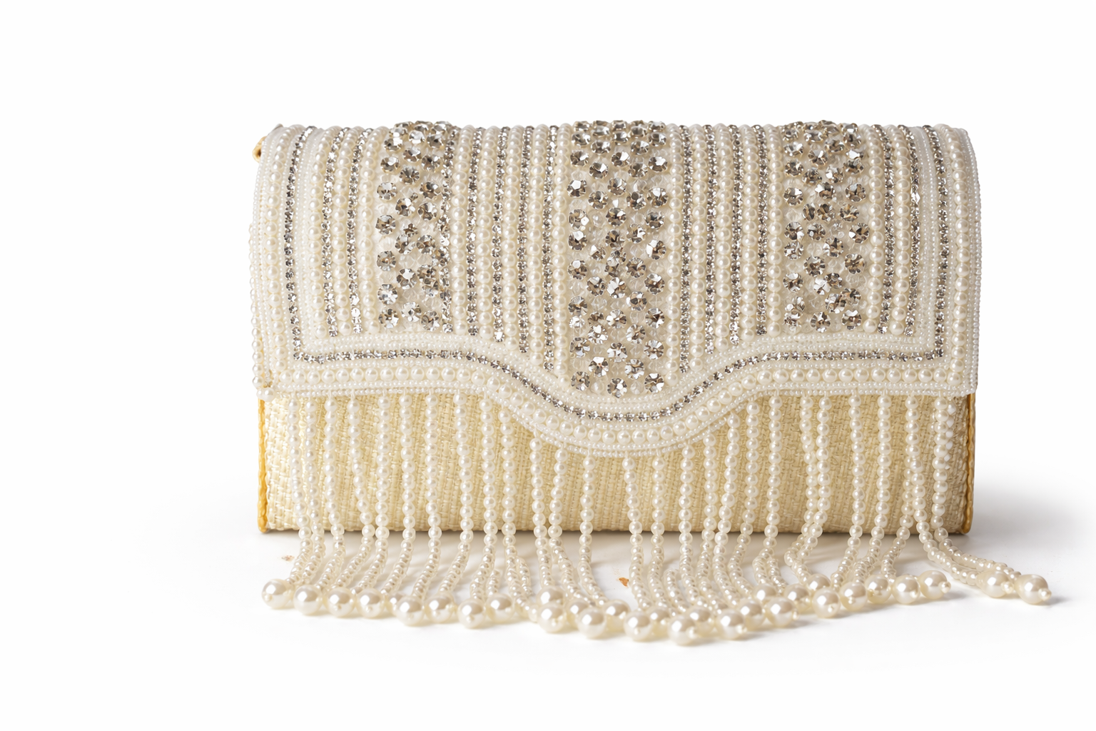 KarryQ Women's Premium Ivory Pearl Beaded Fringe Handbag | Crystal Embellished Party Clutch Purse | Bridal, Wedding, Festive, Cocktail & Ethnic Shoulder Bag with Pearl Handle