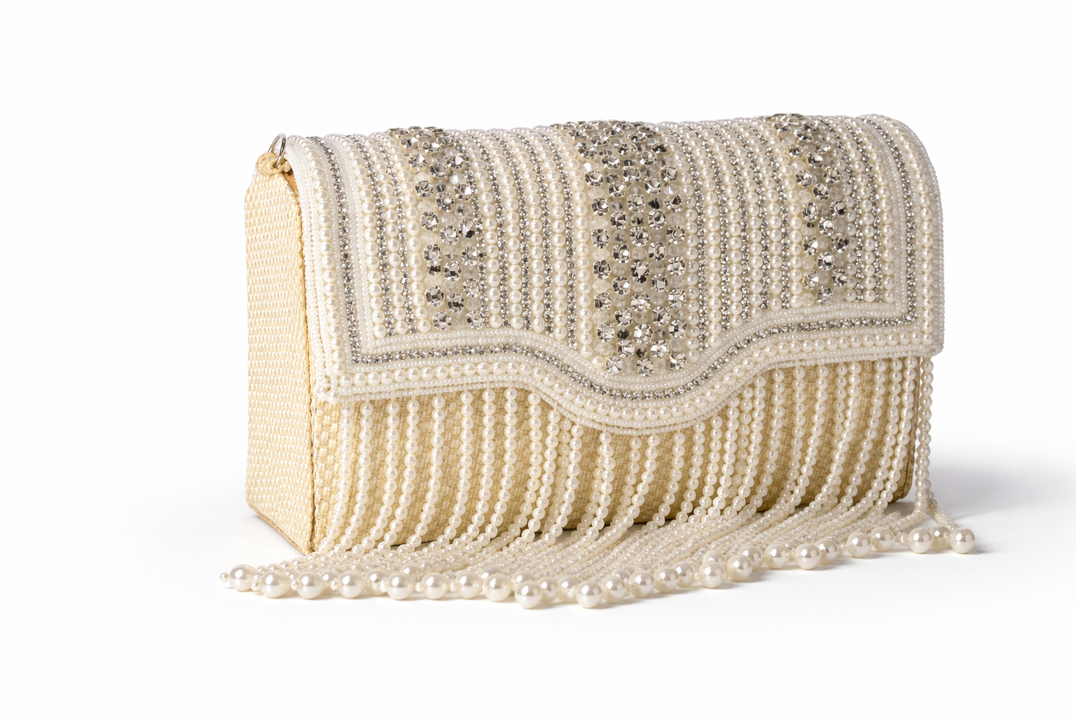KarryQ Women's Premium Ivory Pearl Beaded Fringe Handbag | Crystal Embellished Party Clutch Purse | Bridal, Wedding, Festive, Cocktail & Ethnic Shoulder Bag with Pearl Handle