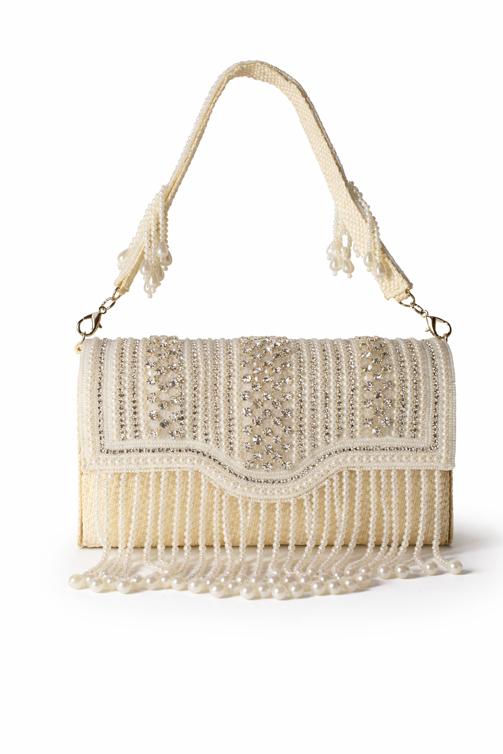 KarryQ Women's Premium Ivory Pearl Beaded Fringe Handbag | Crystal Embellished Party Clutch Purse | Bridal, Wedding, Festive, Cocktail & Ethnic Shoulder Bag with Pearl Handle